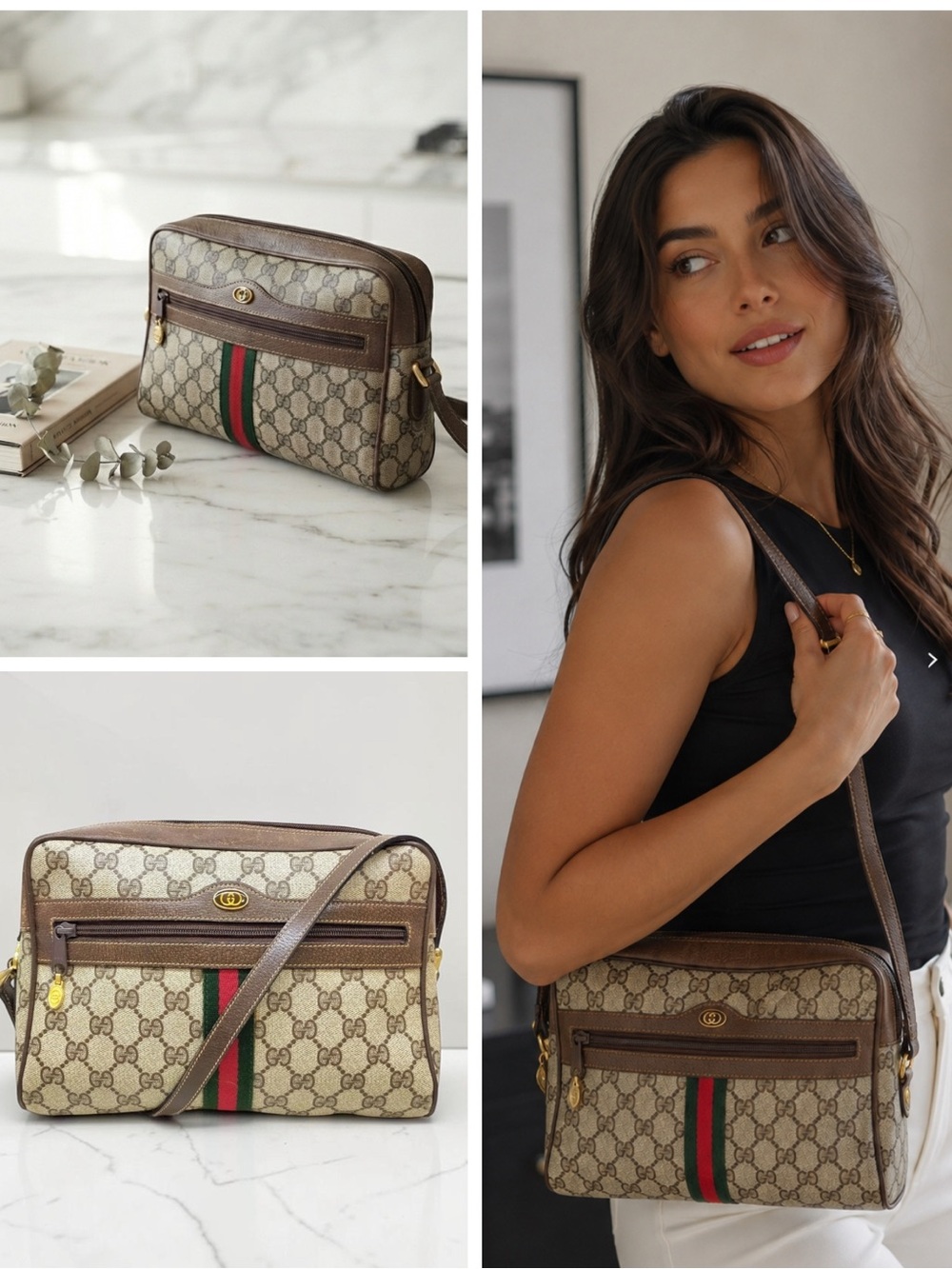 Vintage Gucci Monogram GG Supreme Web Stripe Camera Crossbody Bag